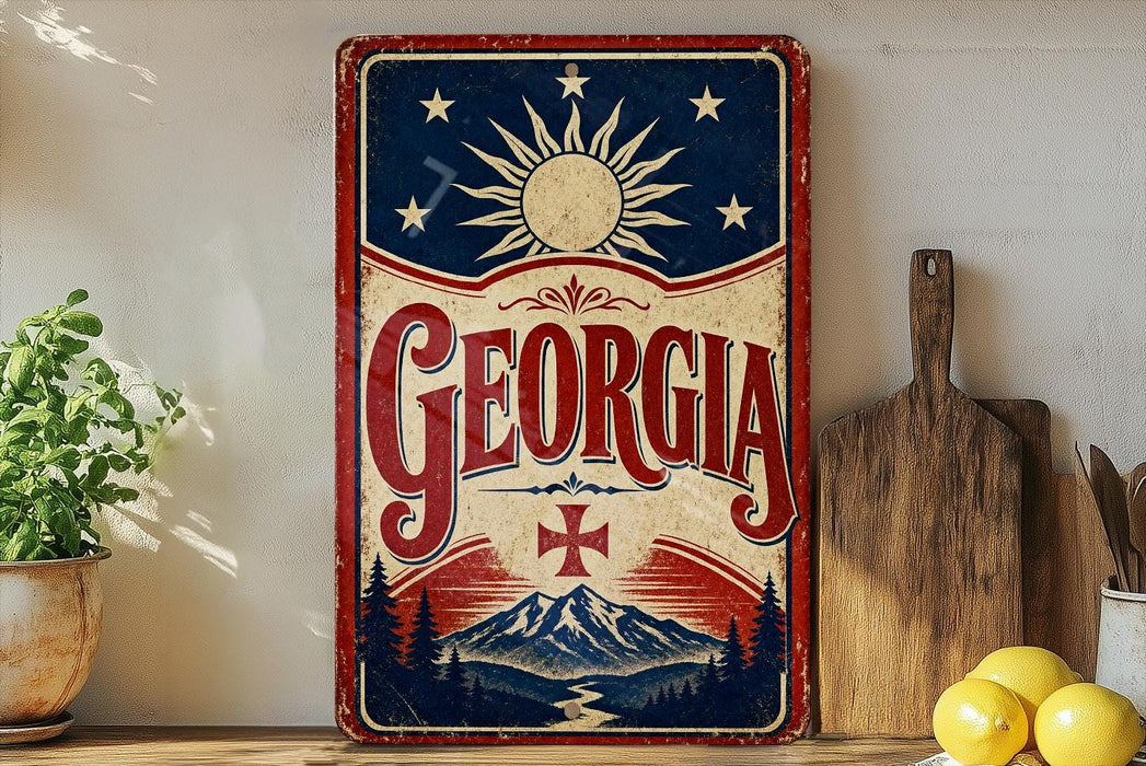 A vintage-style metal sign with the word "Georgia" prominently displayed, featuring a sun and stars design, is mounted on a wall next to a wooden cutting board and some kitchen utensils.