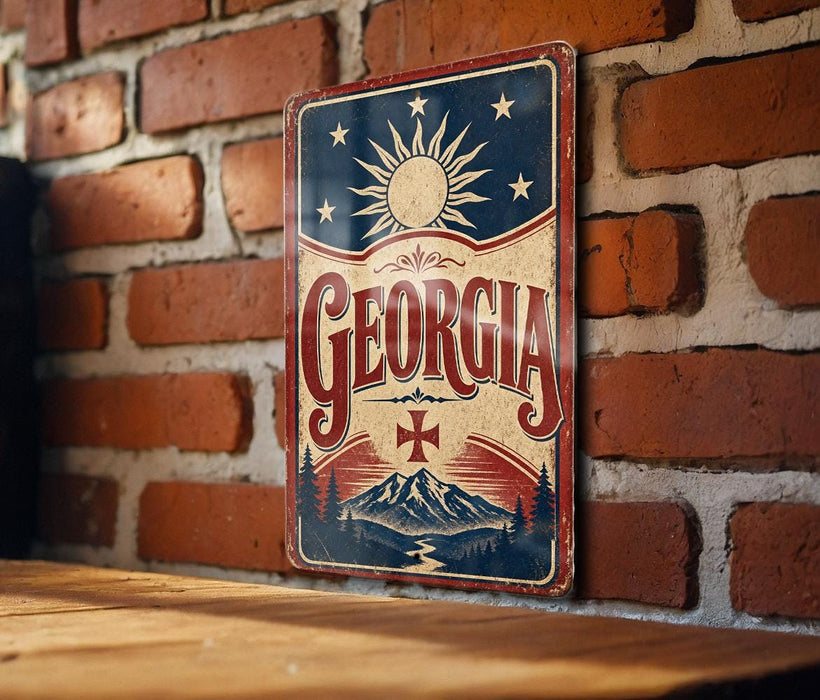 A vintage-style metal sign with the word "GEORGIA" prominently displayed, featuring a sun and stars design, is mounted on a brick wall.