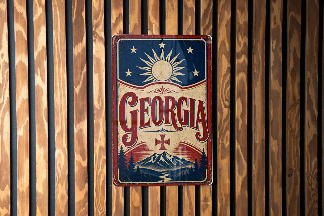 A vintage-style metal sign with the word "GEORGIA" prominently displayed, featuring a sun and stars design, is mounted on a wooden wall.