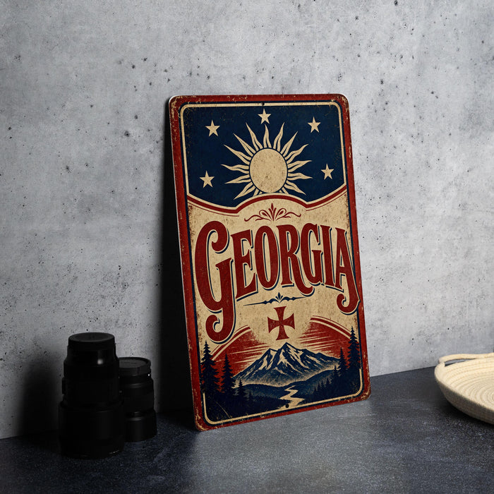 A vintage-style metal sign with the word "GEORGIA" prominently displayed, featuring a sun and stars design, is leaning against a concrete wall.