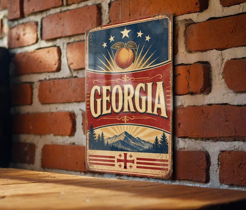 A vintage-style metal sign with the word "GEORGIA" prominently displayed, featuring a peach and stars, mounted on a brick wall.