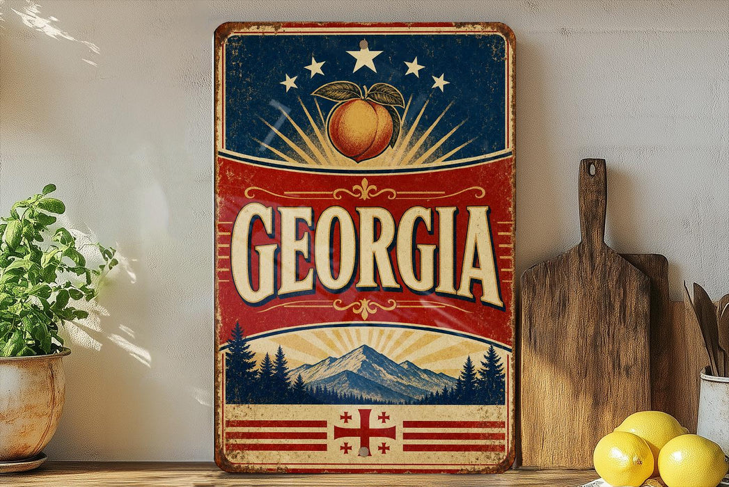 A vintage-style sign with the word "GEORGIA" prominently displayed, featuring a peach and stars, along with a mountain landscape and a Georgian flag. The sign is placed on a shelf next to a wooden cutting board and some lemons.