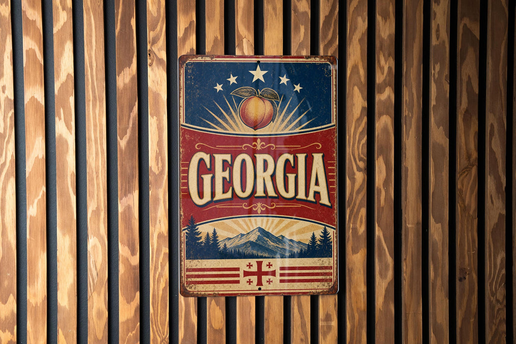 A vintage-style metal sign with the word "GEORGIA" prominently displayed, featuring a peach and stars, is mounted on a wooden wall.