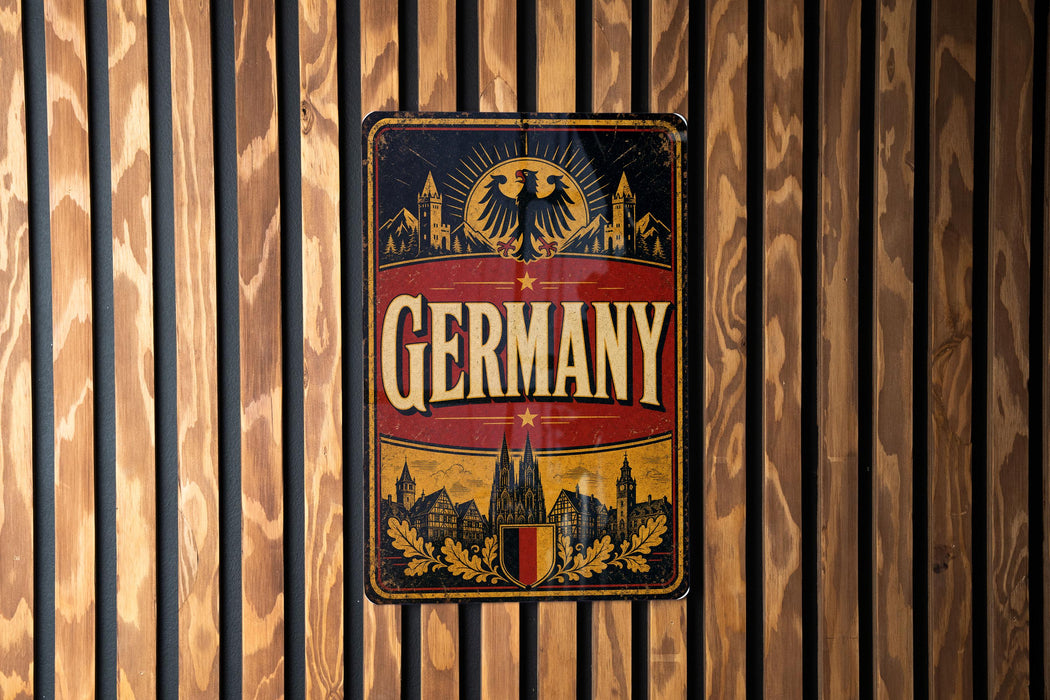 A vintage-style metal sign with the word "GERMANY" prominently displayed, featuring an eagle and a cityscape design.