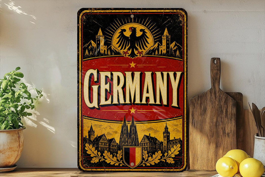 a vintage-style sign with the word "GERMANY" prominently displayed, surrounded by various German-themed elements such as a crest, buildings, and a sun. The sign is placed on a shelf next to a wooden cutting board and a potted plant, creating a rustic and cozy atmosphere.
