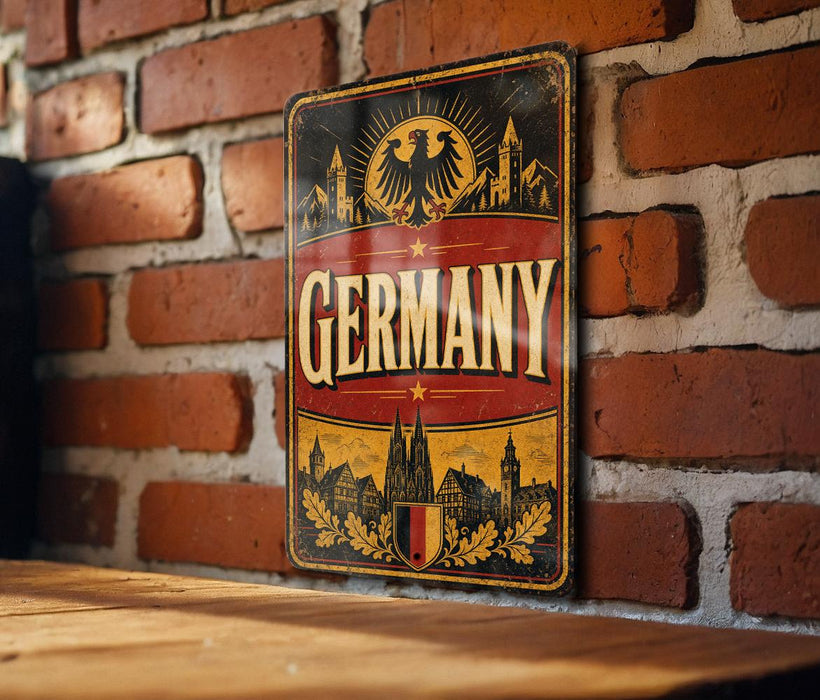 A vintage-style metal sign with the word "GERMANY" prominently displayed, featuring an illustration of a city skyline and a sun.