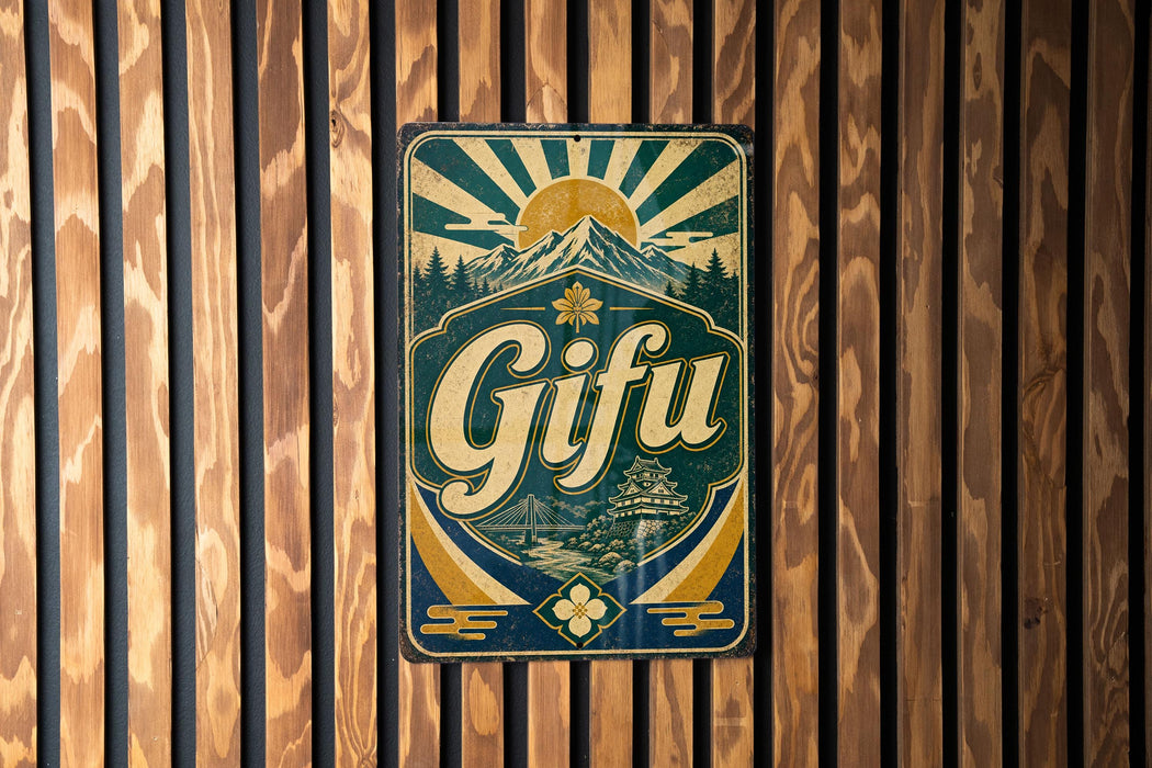 A vintage-style sign with the word "Gifu" displayed prominently in the center, surrounded by a sunburst design and a mountain landscape.