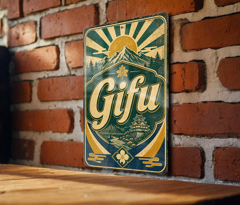 A vintage-style sign with a mountain and sun design, mounted on a brick wall.