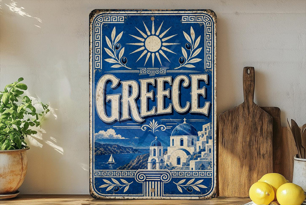 a vintage-style metal sign with a blue background and white text, depicting a scenic view of Greece. The sign is placed on a wooden surface, surrounded by various kitchen utensils and a potted plant.