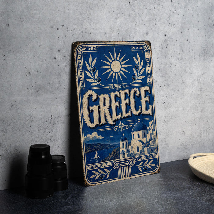 A vintage-style metal sign with the word "Greece" prominently displayed, featuring a sun and olive tree design, is leaning against a concrete wall.