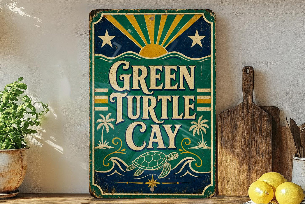 A vintage-style sign for "Green Turtle Cay" is displayed on a shelf, accompanied by a wooden cutting board and a potted plant.