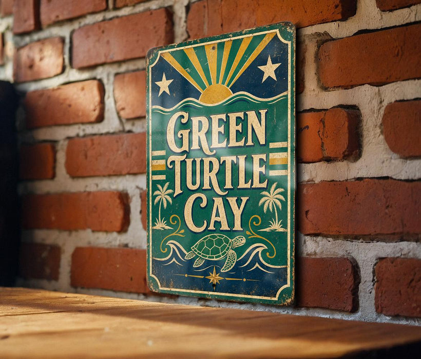 A vintage-style sign for "Green Turtle Cay" is displayed on a brick wall, featuring a turtle and palm trees.