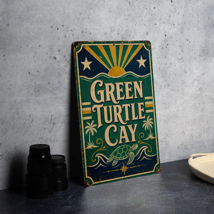 A vintage-style sign for "Green Turtle Cay" is displayed on a table, with a stack of black camera lenses and a white dish nearby.