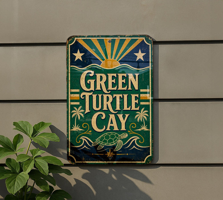 A vintage-style sign for "Green Turtle Cay" is displayed on a wall, featuring a turtle and palm trees.