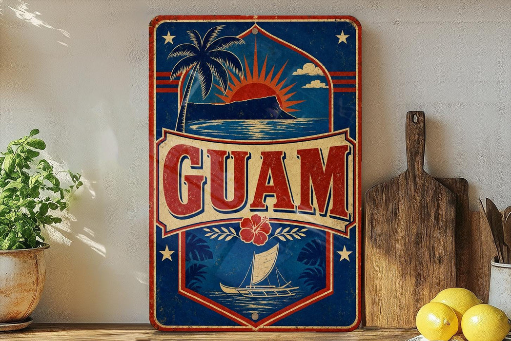 a vintage-style sign with the word "GUAM" prominently displayed, surrounded by various tropical elements such as palm trees, a sunset, and a boat.