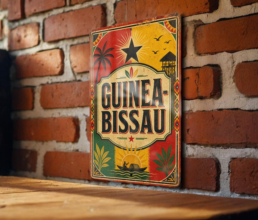 A vintage-style sign for Guineau Bissau beer is displayed on a brick wall.