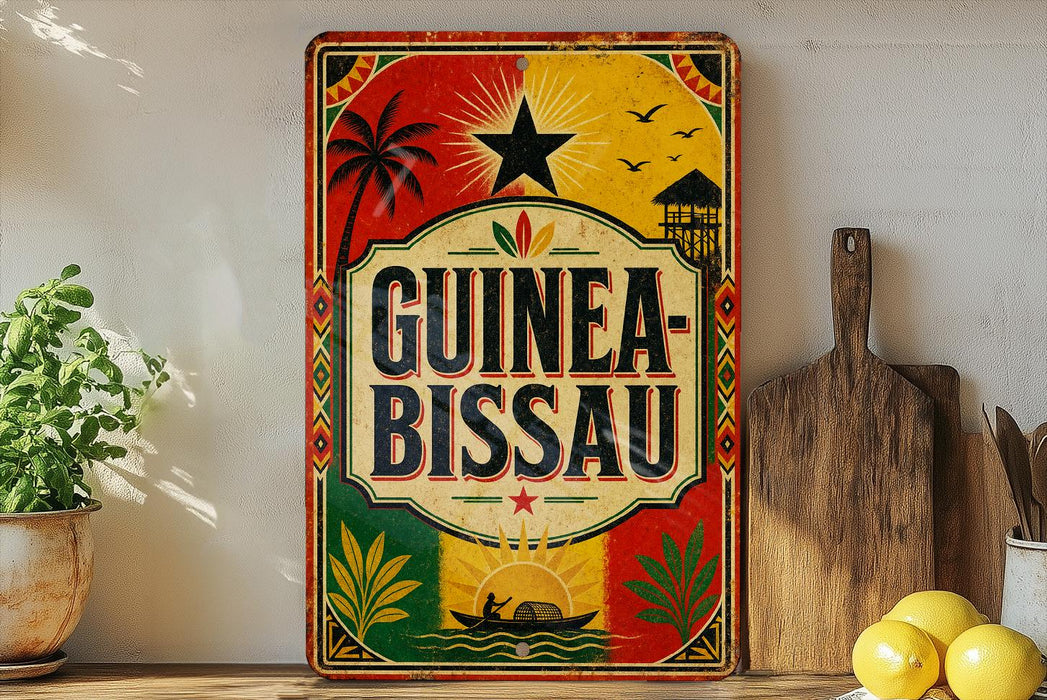 a colorful sign with the text "GUINEA-BISSAU" prominently displayed, surrounded by various tropical and cultural elements such as palm trees, a star, and a boat.