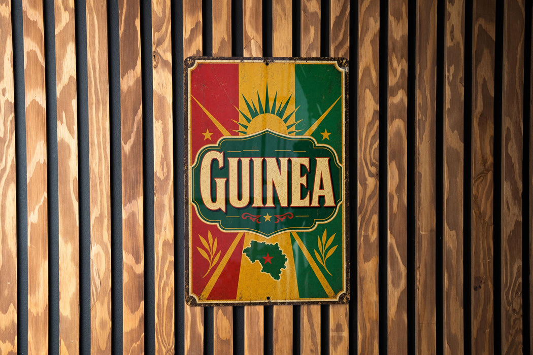 A vintage-style sign with the word "GUINEA" prominently displayed, featuring a colorful design with a sun and palm tree motif.