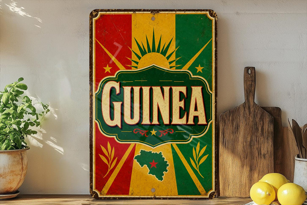 a vintage-style metal sign with the word "GUINEA" prominently displayed, surrounded by a colorful design with a sun and stars. The sign is placed on a shelf next to a wooden cutting board and a potted plant.