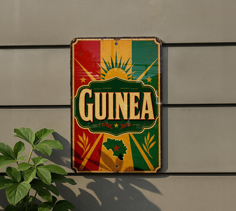 a colorful sign with the word "GUINEA" prominently displayed, mounted on a wall.