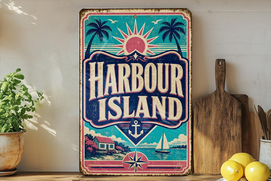 A vintage-style metal sign with the text "Harbour Island" displayed prominently, featuring a tropical beach scene with palm trees, a sun, and a sailboat.