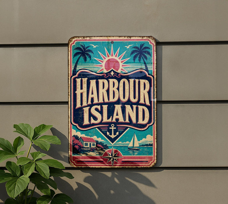 A vintage-style sign for Harbour Island, featuring a sun, palm trees, and a sailboat, mounted on a wall.