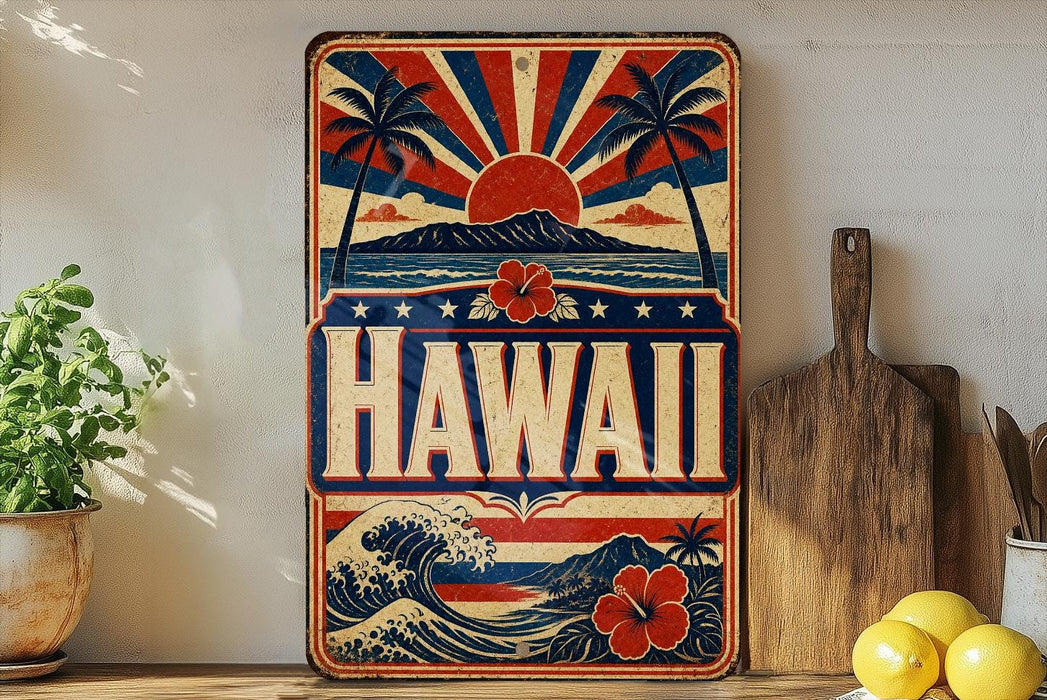 A vintage-style metal sign with the word "HAWAII" prominently displayed, featuring a sunburst design, palm trees, and a wave. The sign is placed on a shelf next to a wooden cutting board and some potted plants.