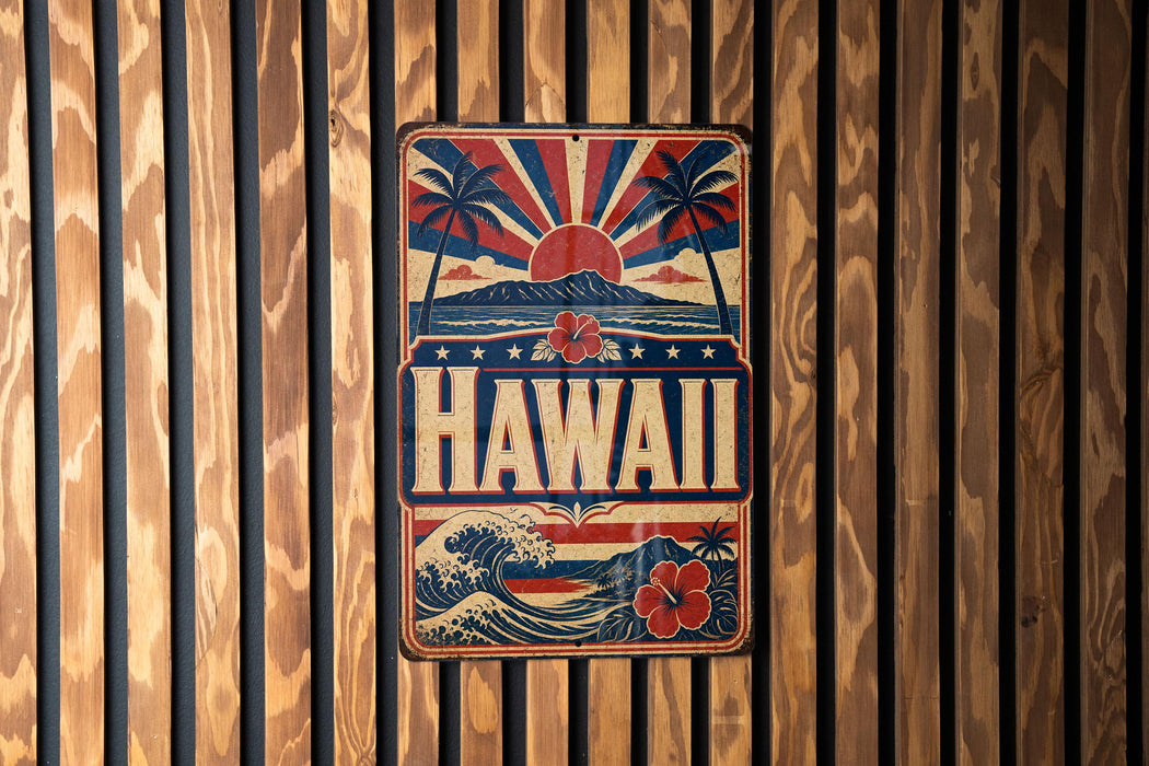 A vintage-style metal sign with the word "HAWAII" prominently displayed, featuring a sunburst design and tropical elements such as palm trees and a wave.