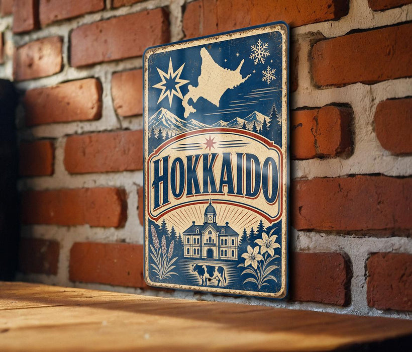A vintage-style metal sign with the word "Hokkaio" prominently displayed, featuring a star and snowflake design, mounted on a brick wall.