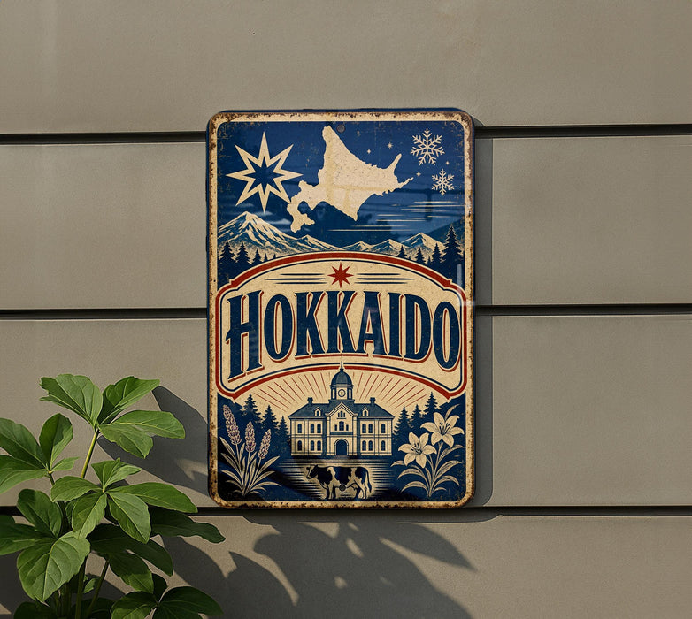 A vintage-style sign for "Hokkaido" mounted on a wall, featuring a star, snowflakes, and a building with a clock tower.