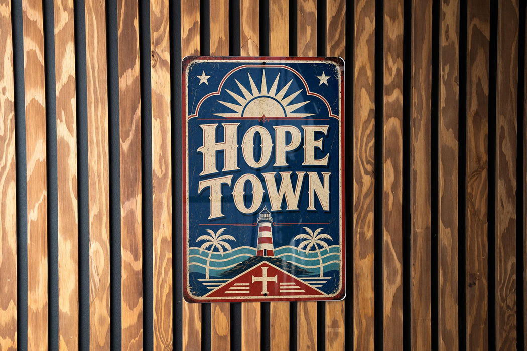 A vintage-style sign that reads "HOPE TOWN" is displayed against a wooden background.