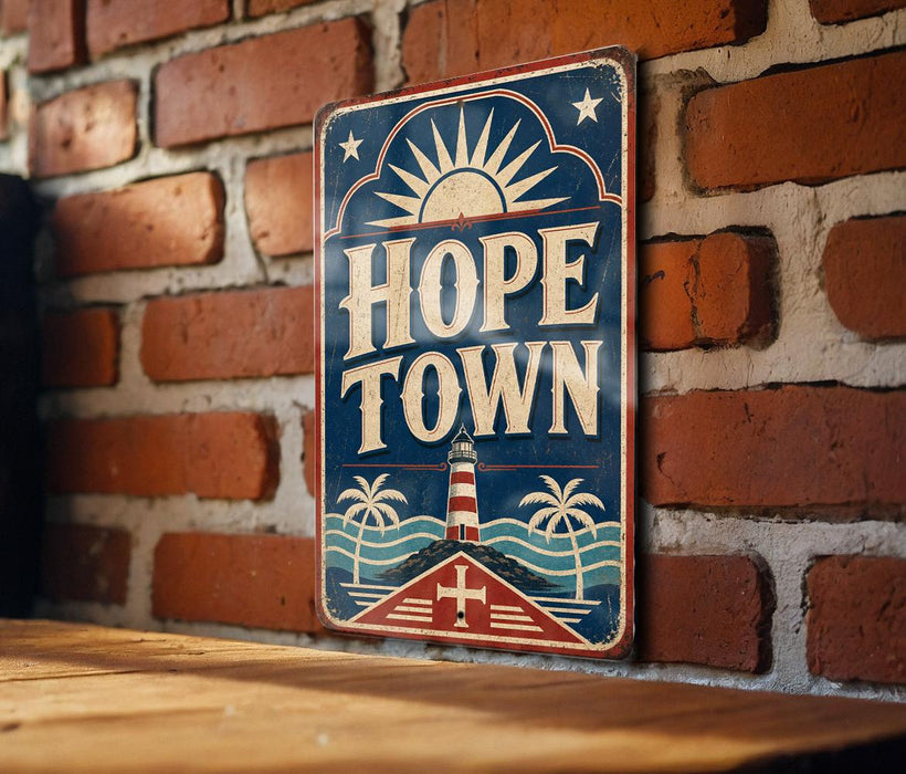 A vintage-style metal sign with the text "HOPE TOWN" displayed prominently on a brick wall.