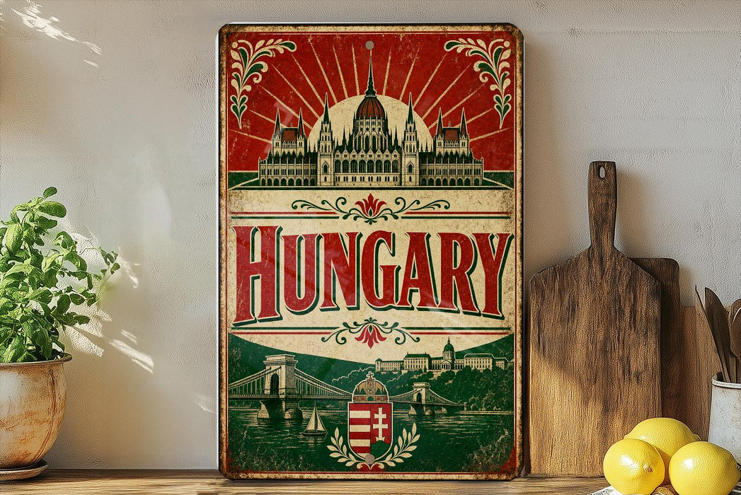 A vintage-style metal sign with the word "Hungary" prominently displayed, featuring a castle and bridge in the background. The sign is placed on a shelf next to a wooden cutting board and some potted plants.