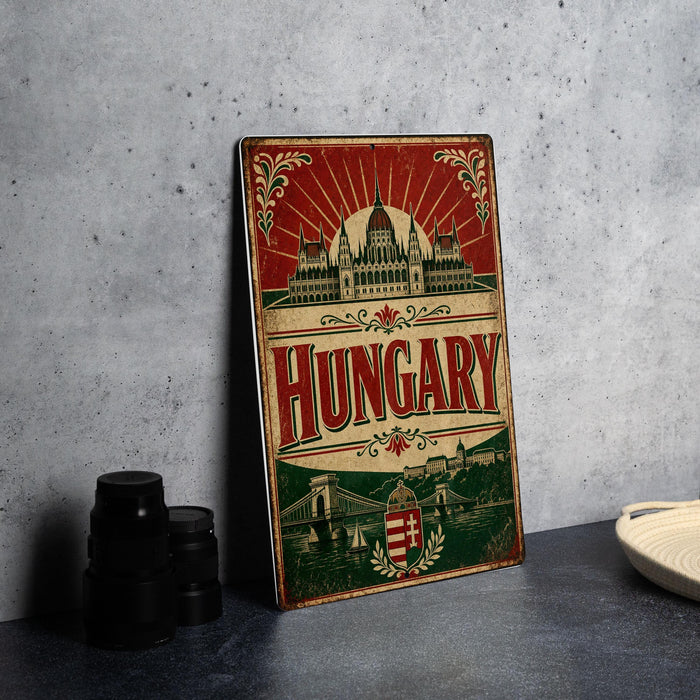 A vintage-style poster or sign displaying the word "HUNGARY" in large letters, with a depiction of the Hungarian capital city of Budapest in the background.