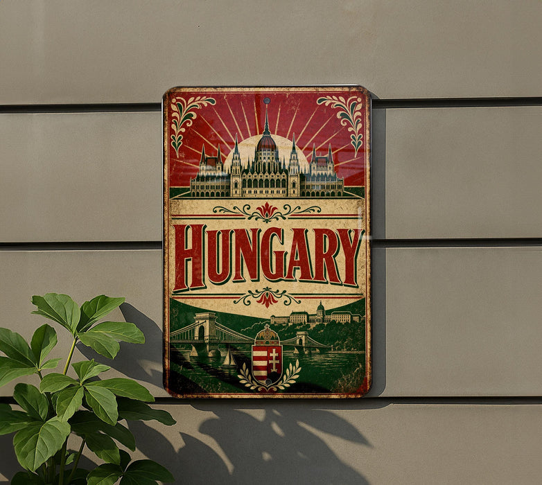A vintage-style metal sign with the word "Hungary" prominently displayed, featuring a castle and other architectural elements. The sign is mounted on a wall, and there is a plant visible to the left of the sign.