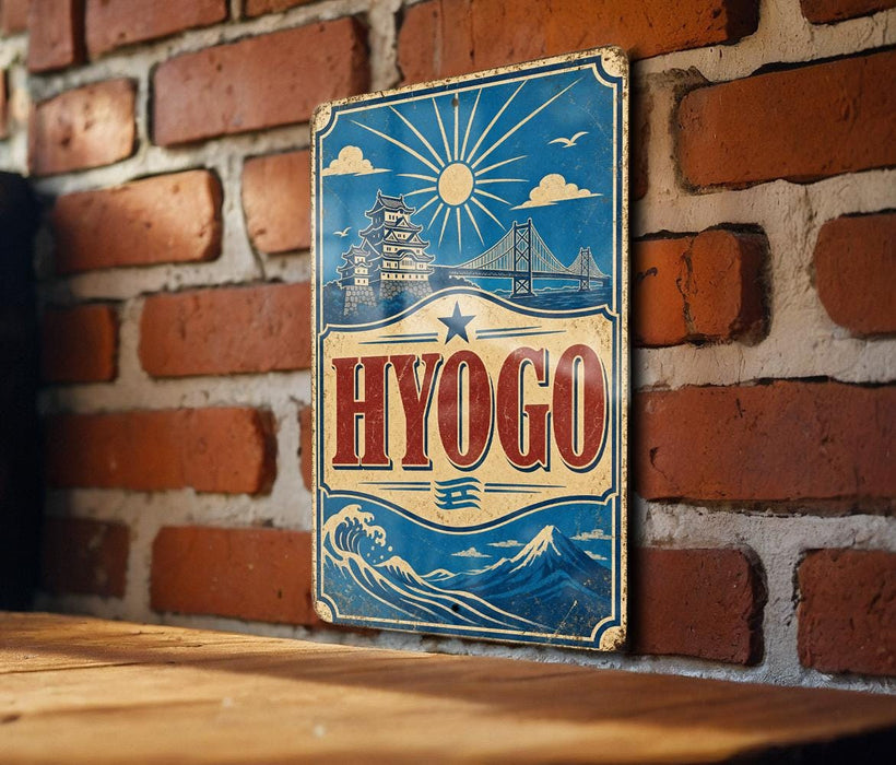 A vintage-style sign with the word "HYOGO" prominently displayed, featuring a castle, bridge, and sun in the background.