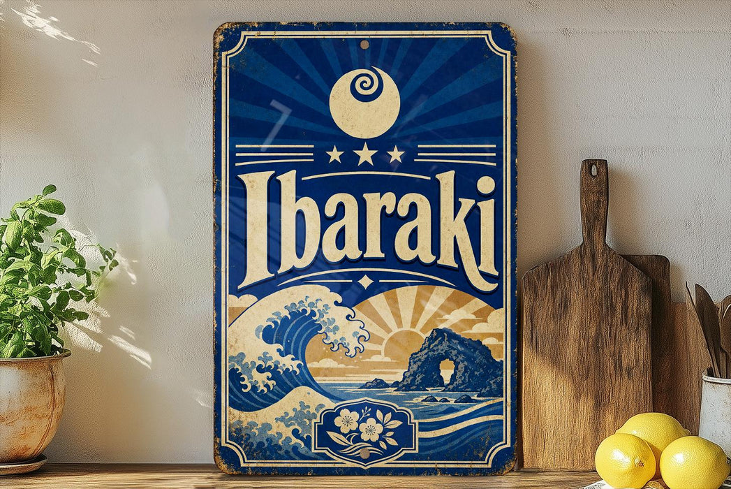 A vintage-style sign with the word "Ibaraki" prominently displayed, featuring a wave and a sun design. The sign is placed on a wooden surface, with a potted plant and a wooden cutting board nearby.