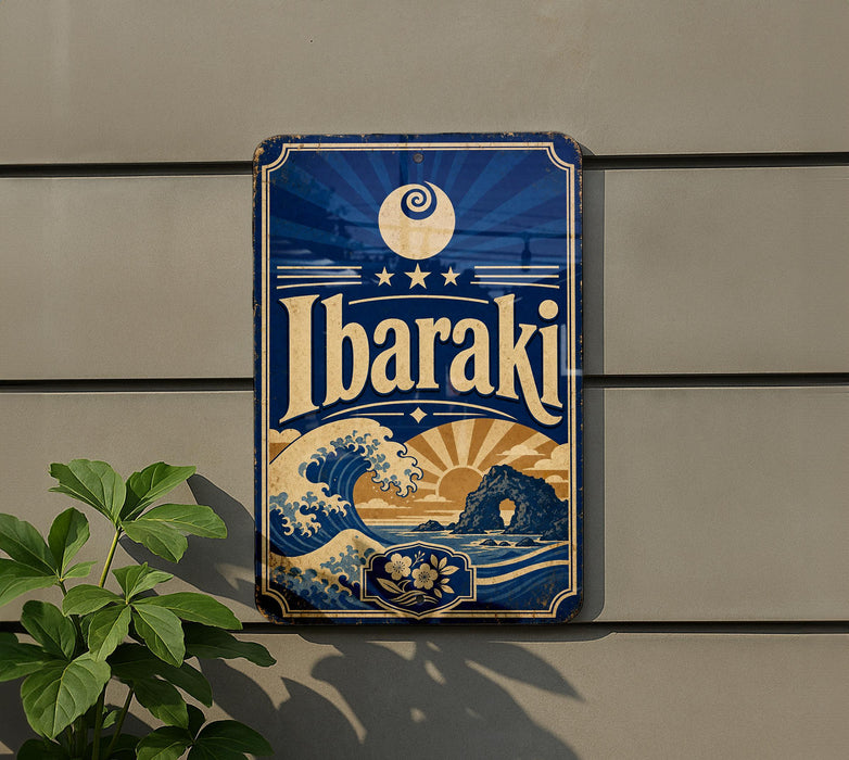 A vintage-style metal sign with the word "Ibaraki" displayed prominently, featuring a wave and a sun design.