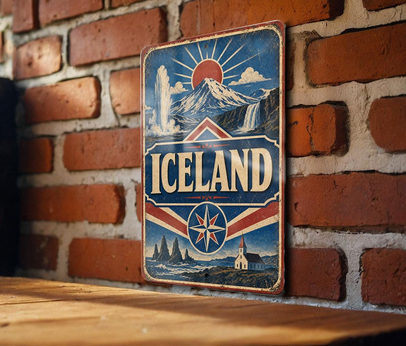 A vintage-style sign for Iceland is displayed on a brick wall, featuring a mountain landscape and a sunburst design.