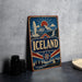 A vintage-style sign for Iceland, featuring a mountain landscape with a waterfall and the word "ICELAND" prominently displayed.