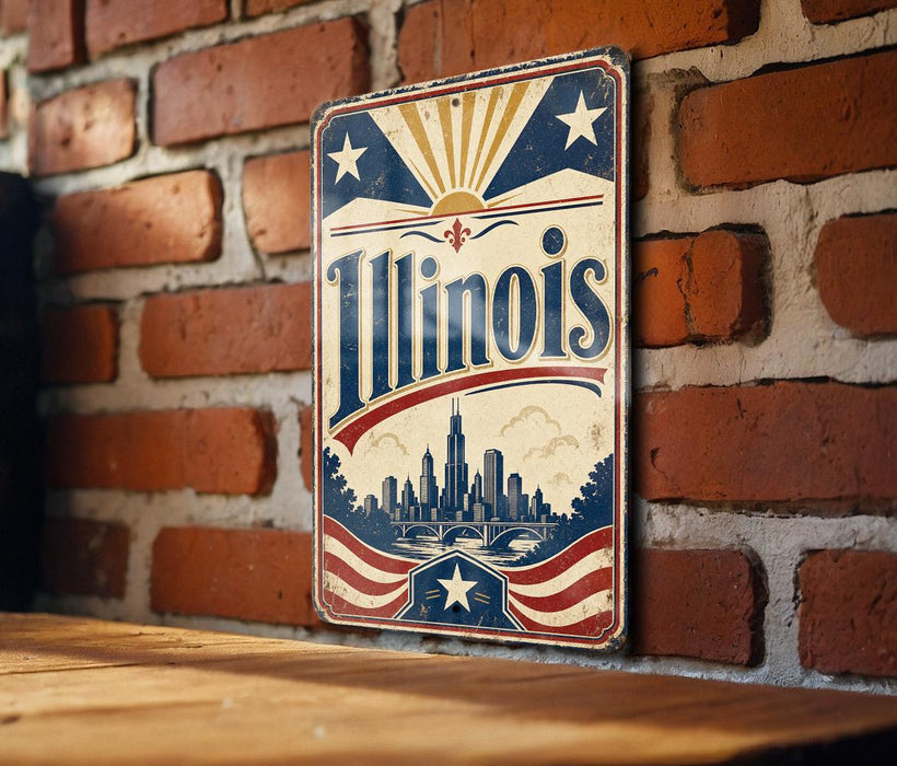A vintage-style sign displaying the word "Illinois" in large letters, with a cityscape and sun motif in the background.
