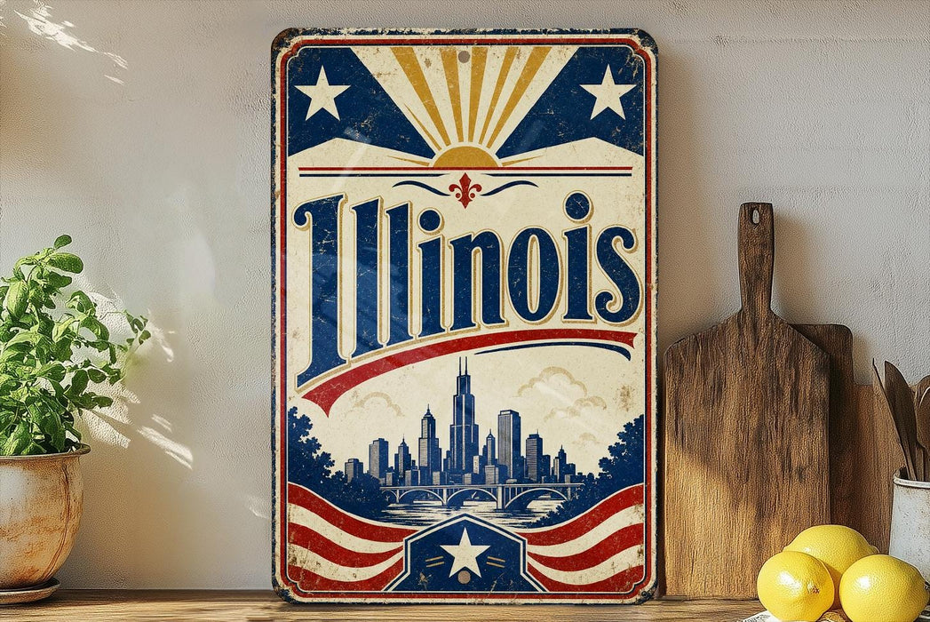A vintage-style sign for Illinois, featuring a cityscape and a sun-like design, is displayed on a shelf next to a wooden cutting board and some lemons.
