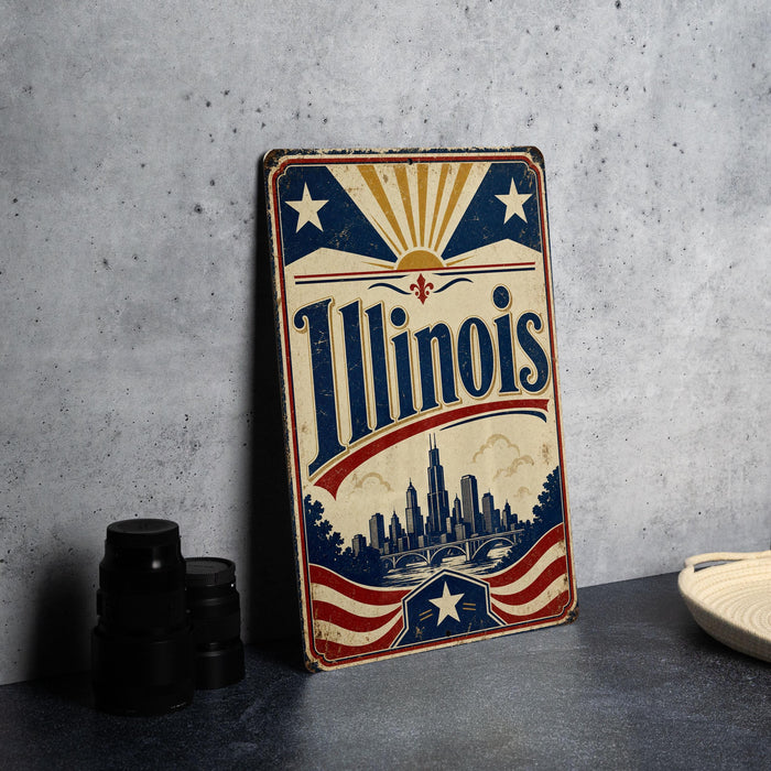 A vintage-style sign for Illinois, featuring a cityscape and stars, is displayed on a table next to some black camera lenses.