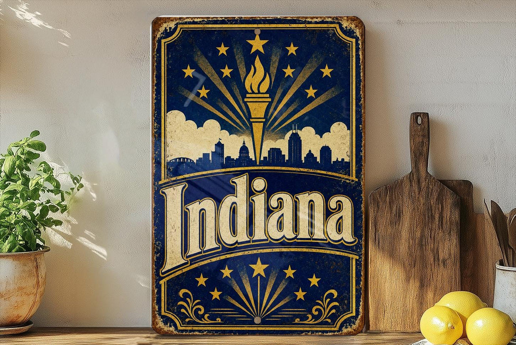 A vintage-style metal sign with the word "Indiana" prominently displayed, featuring a city skyline silhouette and a torch-like symbol. The sign is placed on a shelf next to a wooden cutting board and a potted plant.