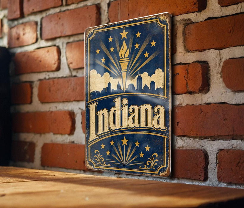 A vintage-style sign with the word "Indiana" prominently displayed, featuring a city skyline and a torch-like symbol, mounted on a brick wall.
