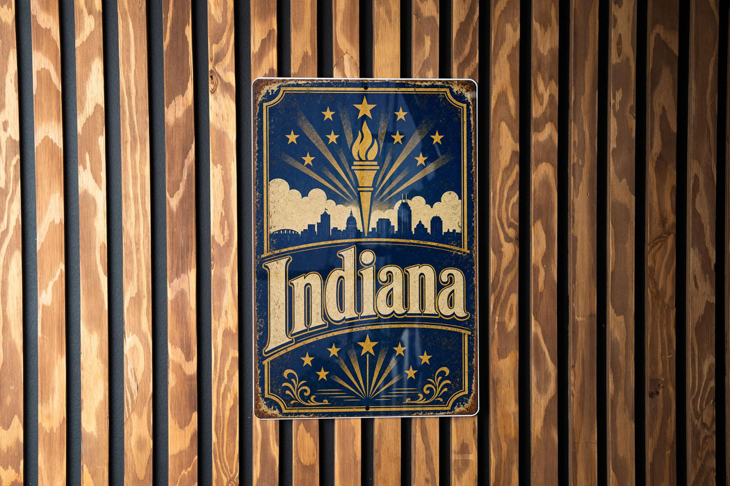 A vintage-style metal sign with the word "Indiana" prominently displayed, featuring a flame and stars against a dark blue background.
