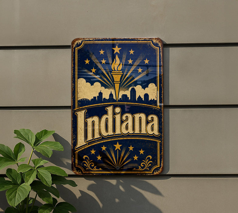 A vintage-style metal sign with the word "Indiana" prominently displayed, featuring a flame and stars against a dark blue background.