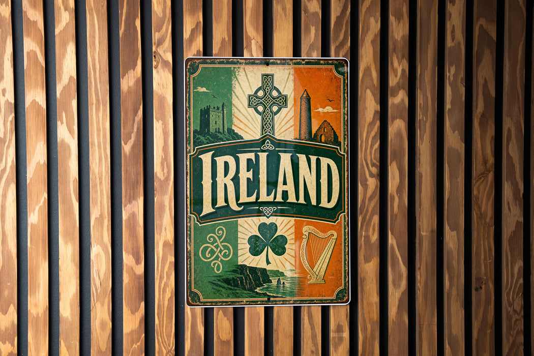 A vintage-style sign with the word "IRLAND" prominently displayed, featuring various Irish symbols and landmarks such as a castle, harp, and shamrock.