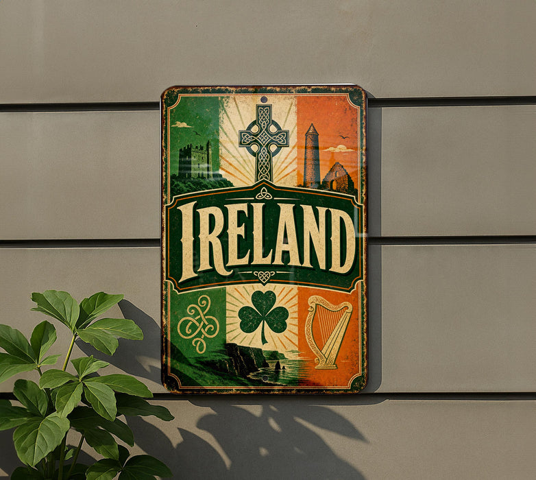 a vintage-style sign with the word "IRELAND" prominently displayed, surrounded by various Irish symbols and landmarks.