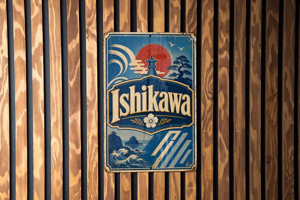 A vintage-style sign for "Ishikawa" is displayed on a wooden wall.